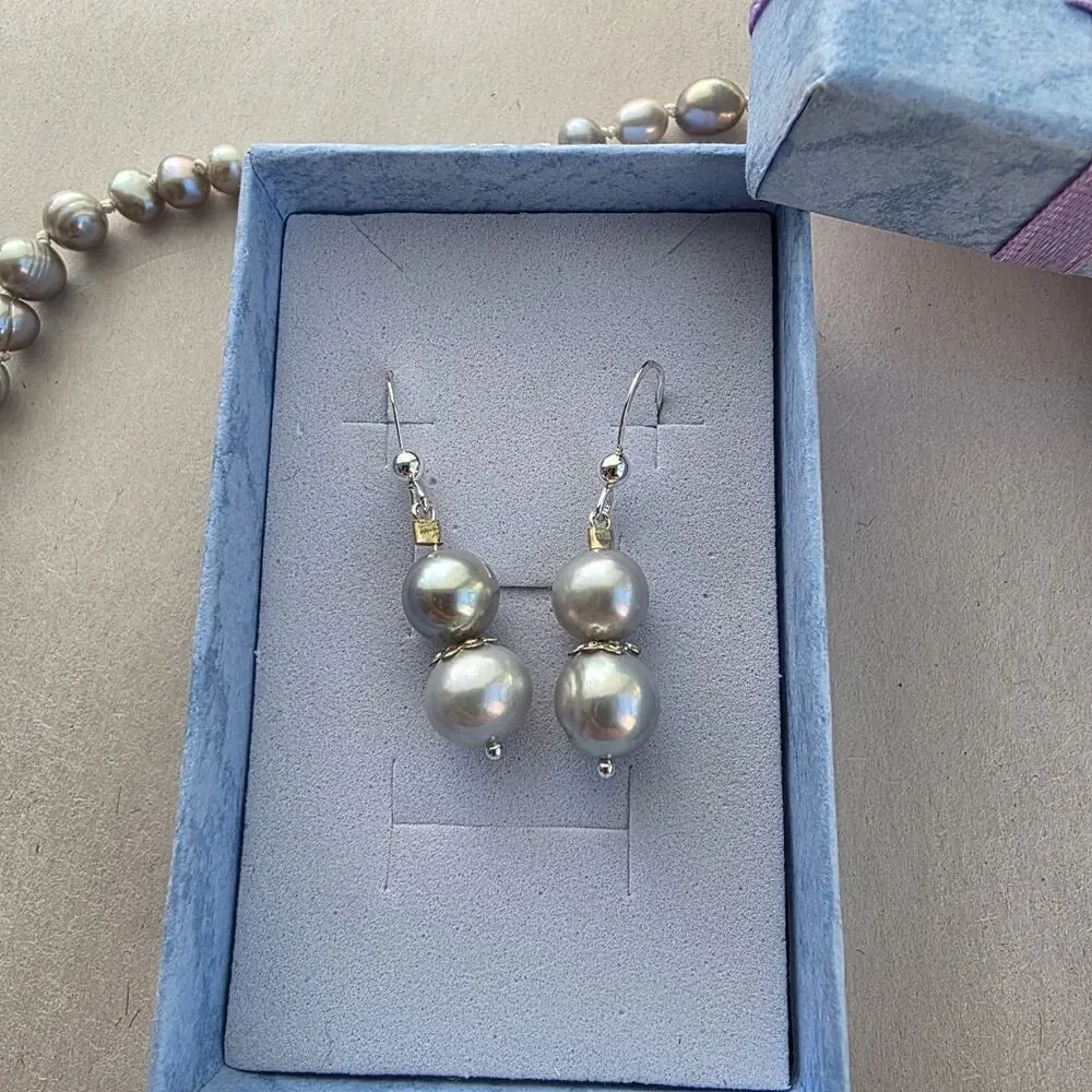 Light Gray Pearl Necklace Earrings Set Sterling‎ Silver 925 Stamped Clasp Beaded